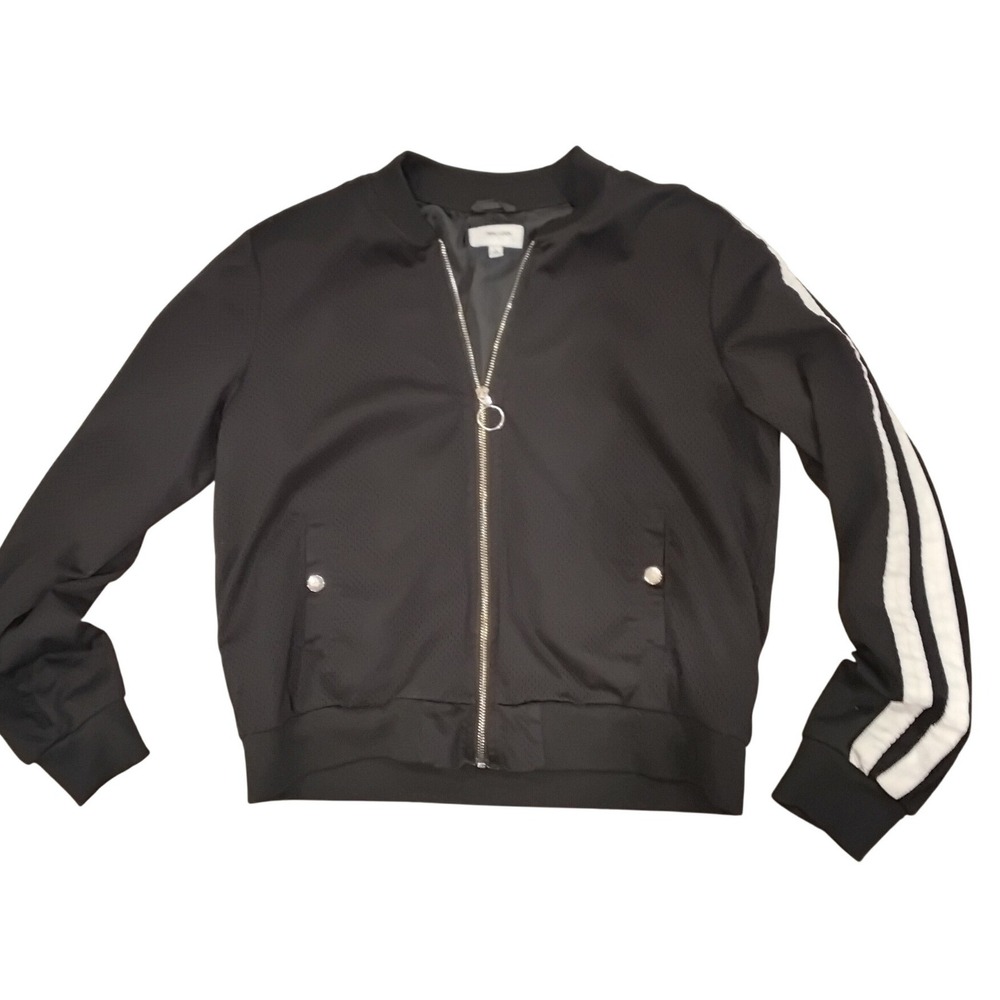 New Look Black Perforated Mesh Bomber Jacket White Sleeve Stripe Large‎